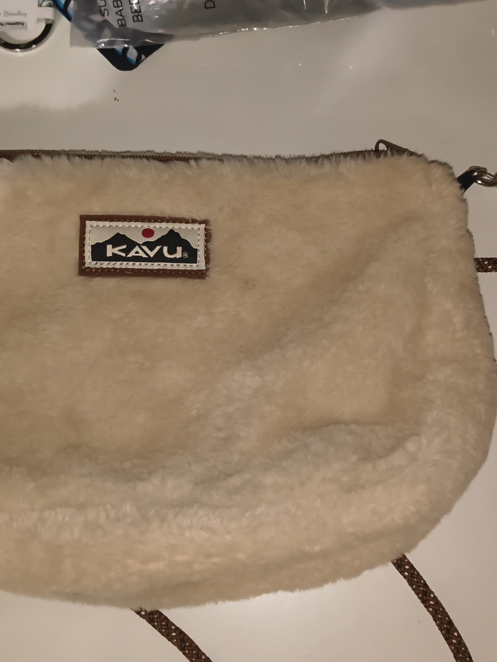 Kavu Cream Sherpa Crossbody Bag with Brown Strap